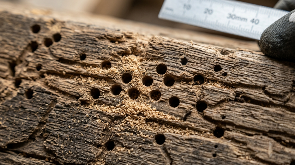 Close-up macro photography of wood-boring beetle damage in t