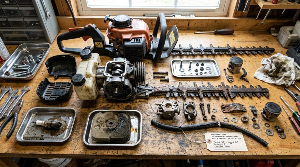 Realistic overhead shot of a disassembled motorized hedge tr