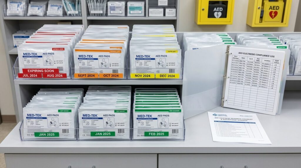 Overhead view of organized AED electrode pad inventory syste