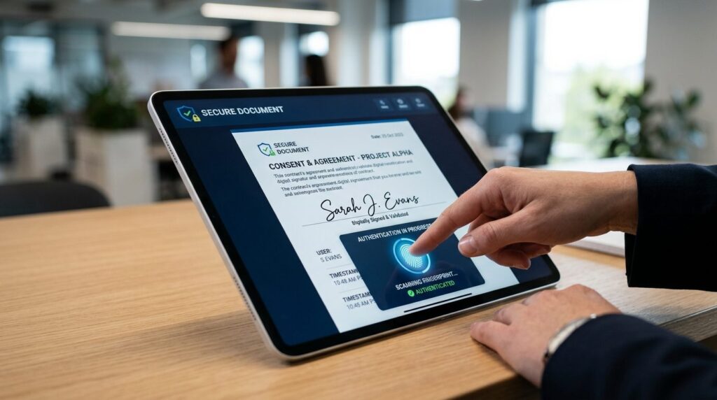 Close-up photorealistic image of a digital signature being a