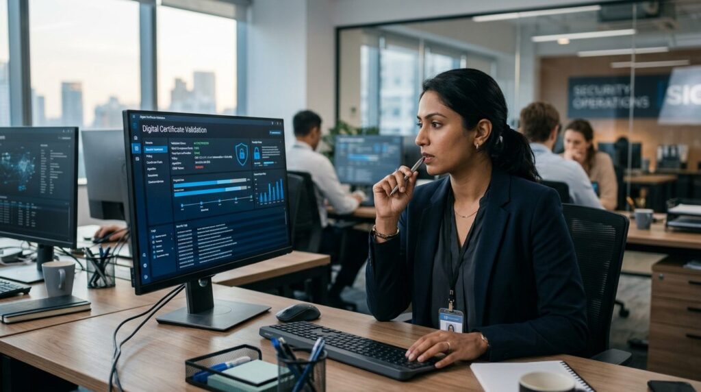 Professional IT security team member in modern office review