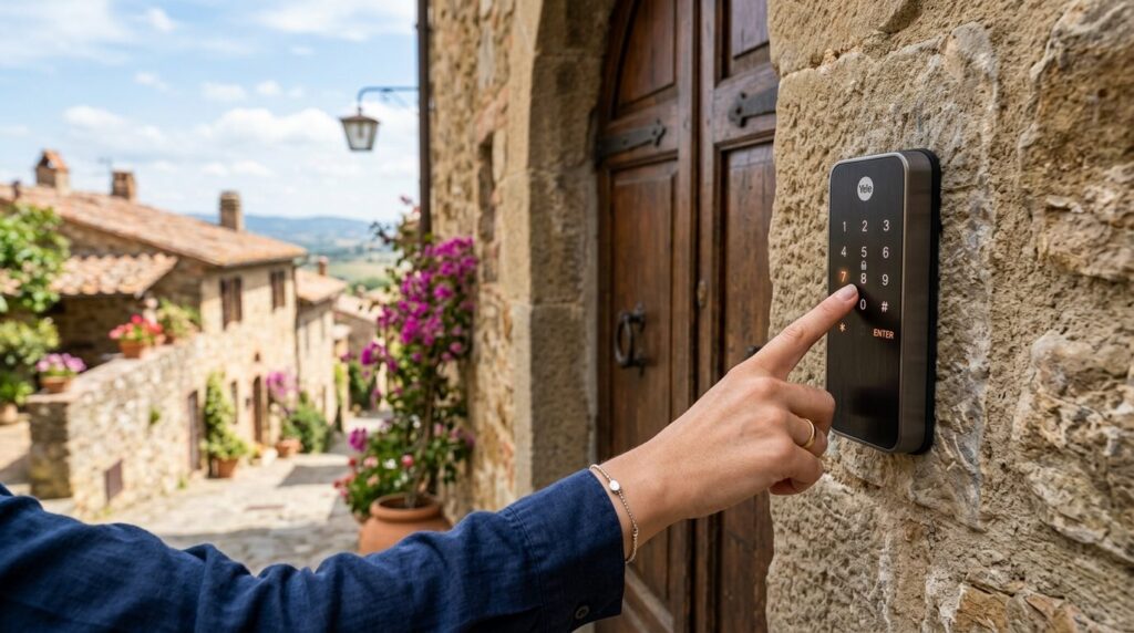Close-up of a hand entering security code on a modern digita