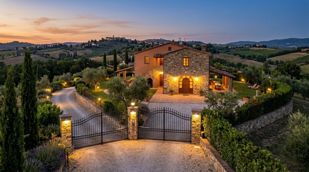 Wide shot of an Italian countryside rental property at dusk 