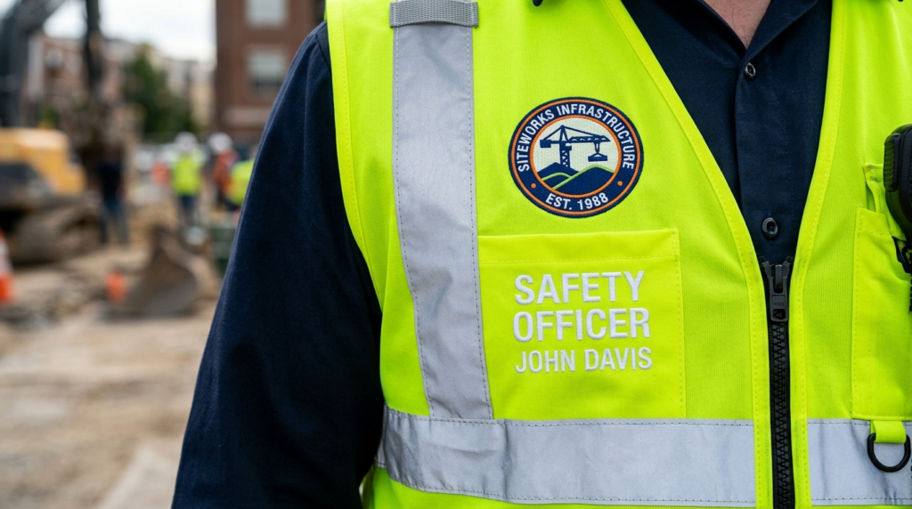 Close-up detail shot of a reflective safety vest showing hig