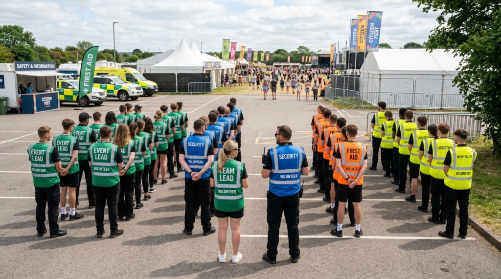 Wide shot of organized volunteer team at outdoor festival or