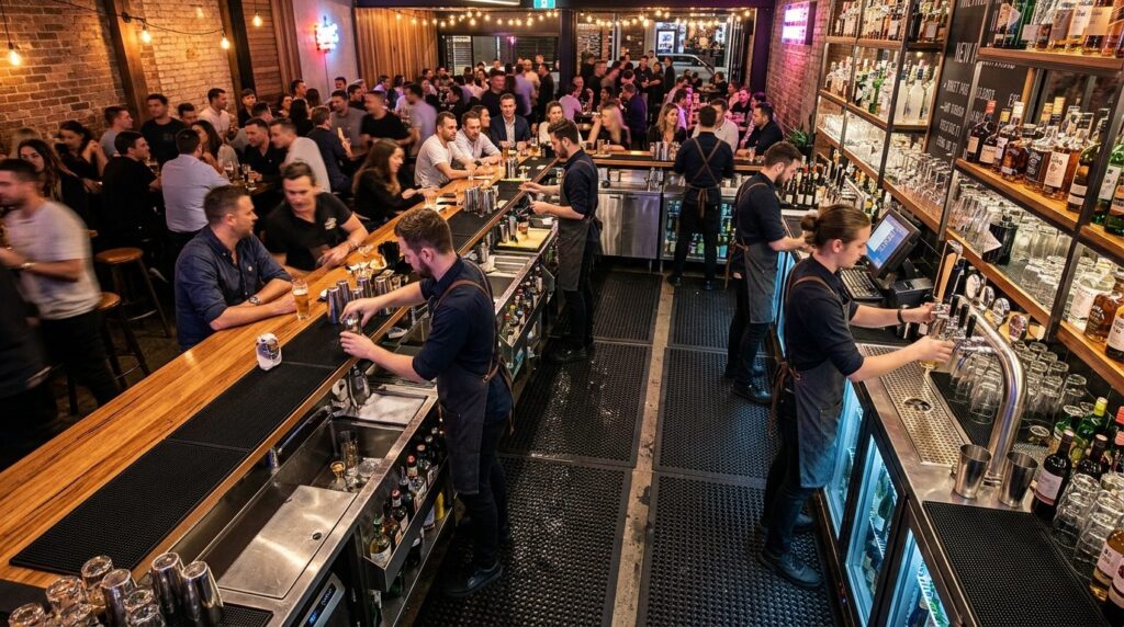 Wide overhead view of a busy bar counter during evening serv