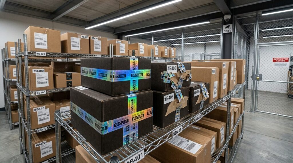 Wide-angle photograph of multiple sealed packages in a secur