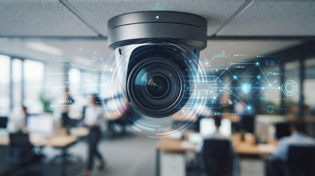 Close-up photograph of a security camera lens with digital o