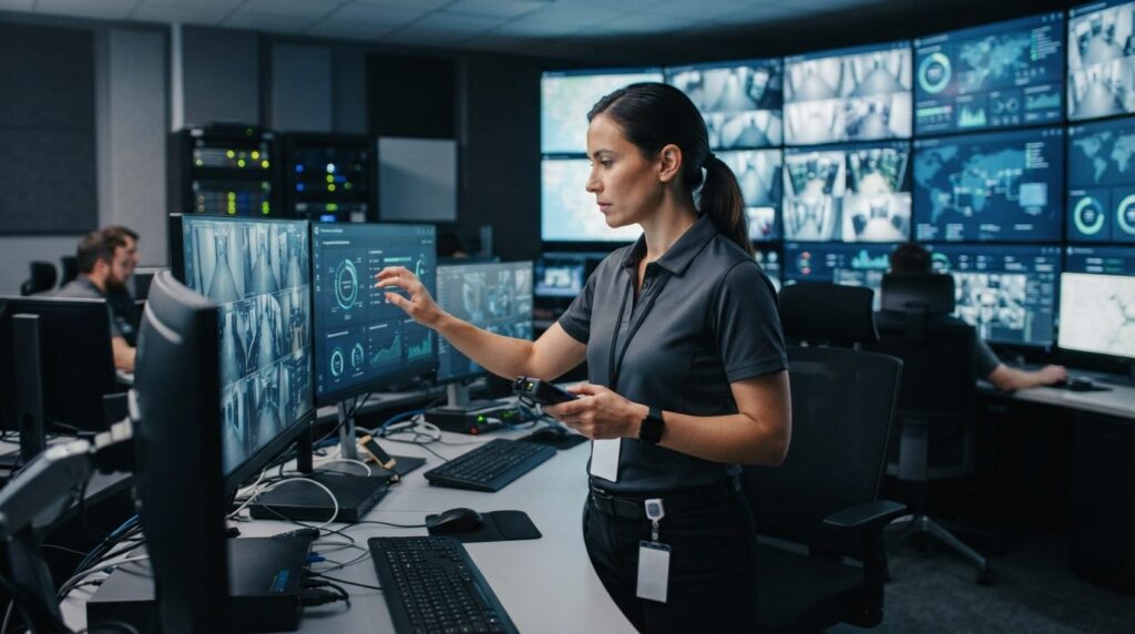 IT security professional examining a surveillance camera sys