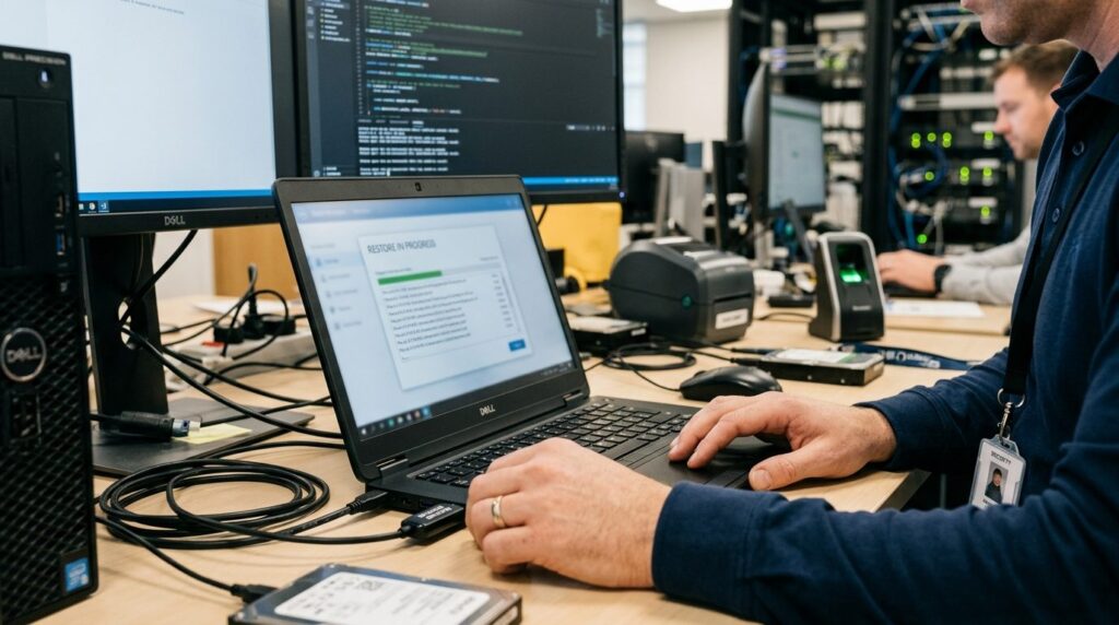 Close-up of IT technicians hands performing backup restorat