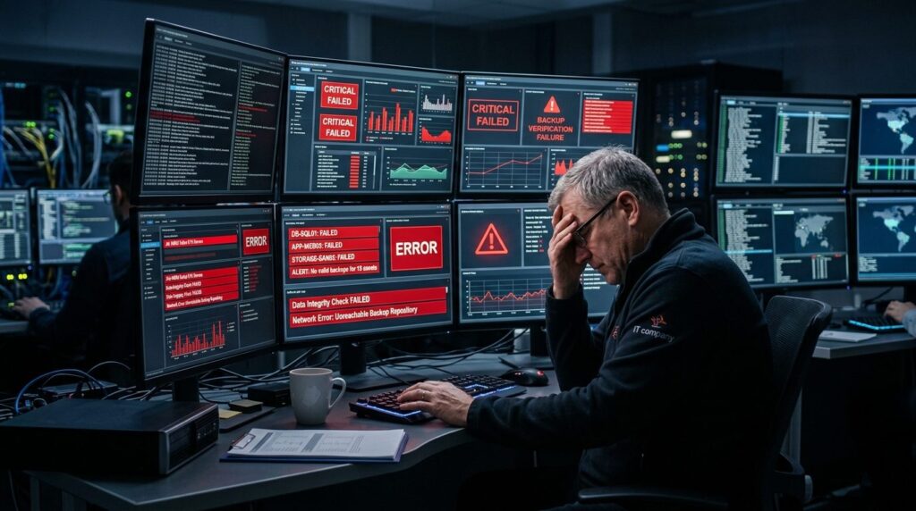 Senior IT support manager reviewing failed backup test resul